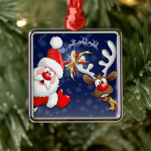 Santa en Reindeer Merry Christmass Happy Cartoon Metalen Ornament