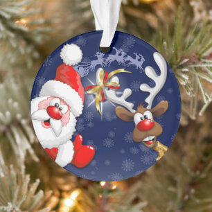 Santa en Reindeer Merry Christmass Happy Cartoon Ornament