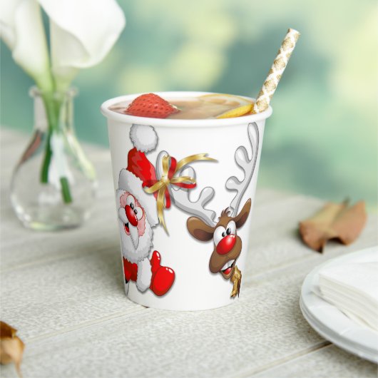 Santa en Reindeer Merry Christmass Happy Cartoon Papieren Bekers (Insitu)