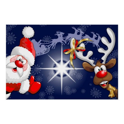 Santa en Reindeer Merry Christmass Happy Cartoon Perfect Poster (Voorkant)