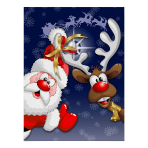 Santa en Reindeer Merry Christmass Happy Cartoon Perfect Poster