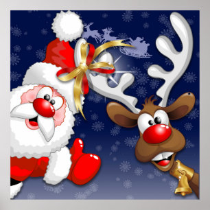 Santa en Reindeer Merry Christmass Happy Cartoon Poster