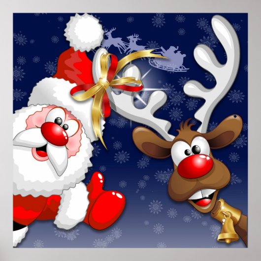 Santa en Reindeer Merry Christmass Happy Cartoon Poster (Voorkant)