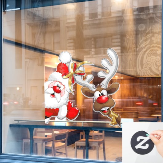 Santa en Reindeer Merry Christmass Happy Cartoon Raamsticker (Cafe Raam)