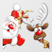Santa en Reindeer Merry Christmass Happy Cartoon Raamsticker (Vel)