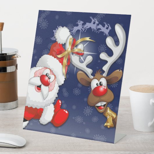 Santa en Reindeer Merry Christmass Happy Cartoon Reclamebord Met Voetstuk (Insitu)