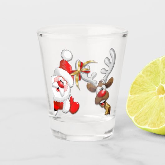 Santa en Reindeer Merry Christmass Happy Cartoon Shot Glas (Voorkant)