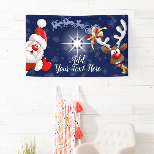 Santa en Reindeer Merry Christmass Happy Cartoon Spandoek (Insitu)