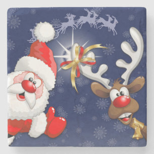 Santa en Reindeer Merry Christmass Happy Cartoon Stenen Onderzetter