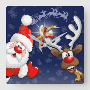 Santa en Reindeer Merry Christmass Happy Cartoon Vierkante Klok