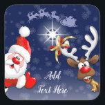 Santa en Reindeer Merry Christmass Happy Cartoon Vierkante Sticker<br><div class="desc">"Ho Ho Ho! Kerstmis is hier! Vrolijk kerstman voor iedereen!" Fijne en Cute Santa met duim omhoog,  die Kerstmis vieren met zijn Boeddy,  de Funny Reindeer - Cartoon Characters. Ontwerp onder exclusieve © BluedarkArt.</div>