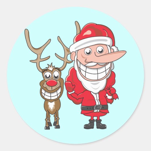 Santa en rendier ronde sticker (Voorkant)