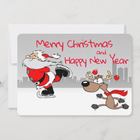 Santa en rendier schaatsen feestdagenkaart (Voorkant)