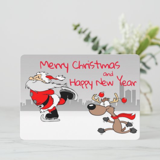 Santa en rendier schaatsen feestdagenkaart (Staand voorkant)