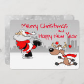 Santa en rendier schaatsen feestdagenkaart (Voorkant / Achterkant)
