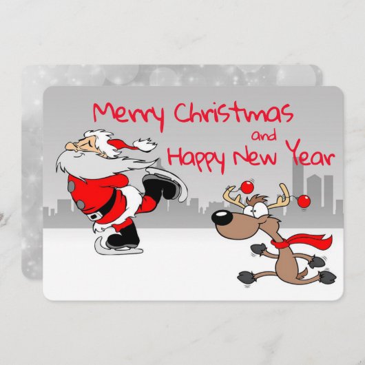 Santa en rendier schaatsen feestdagenkaart (Voorkant / Achterkant)