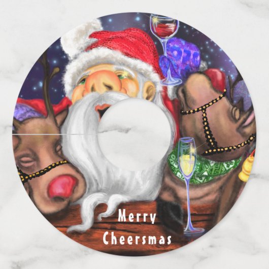 Santa en rendieren Funny Christmas Wine Glass Labe Wijnglaslabel (Voorkant)