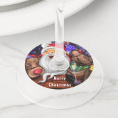 Santa en rendieren Funny Christmas Wine Glass Labe Wijnglaslabel (Dichtbij)