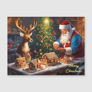 Santa en rendieren maken peperkoek huis