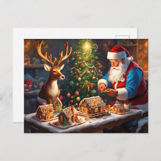 Santa en rendieren maken peperkoek huis briefkaart (Voorkant / Achterkant)