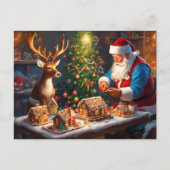 Santa en rendieren maken peperkoek huis briefkaart (Voorkant)