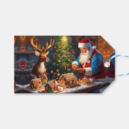 Santa en rendieren maken peperkoek huis cadeaulabel (Voorkant (Horizontaal))
