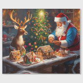 Santa en rendieren maken peperkoek huis cadeaupapier (Vlak)