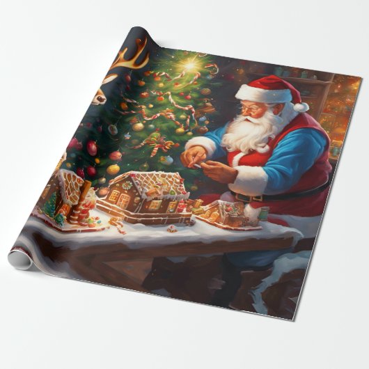 Santa en rendieren maken peperkoek huis cadeaupapier (Uitgerold)