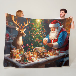 Santa en rendieren maken peperkoek huis fleece deken