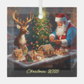 Santa en rendieren maken peperkoek huis glas ornament (Voorkant)
