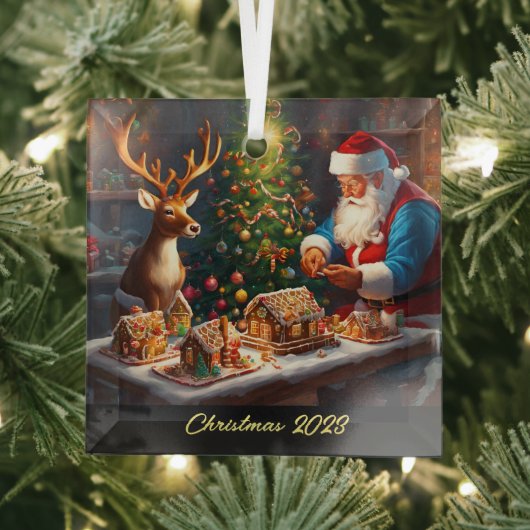 Santa en rendieren maken peperkoek huis glas ornament (Insitu)