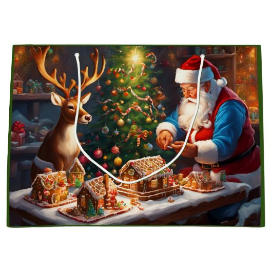 Santa en rendieren maken peperkoek huis groot cadeauzakje (Voorkant)