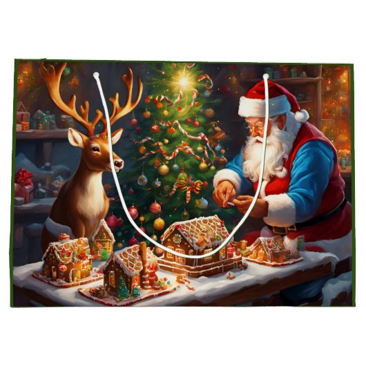 Santa en rendieren maken peperkoek huis groot cadeauzakje (Achterkant)