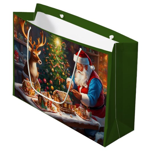 Santa en rendieren maken peperkoek huis groot cadeauzakje (Voorkant Gekanteld)