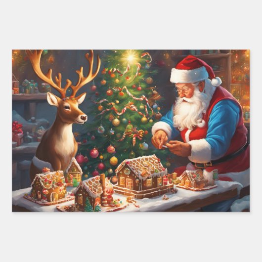 Santa en rendieren maken peperkoek huis inpakpapier vel (Voorkant 3)