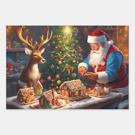 Santa en rendieren maken peperkoek huis inpakpapier vel (Voorkant 2)