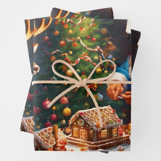 Santa en rendieren maken peperkoek huis inpakpapier vel (In situ)