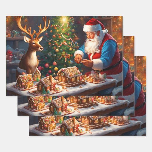 Santa en rendieren maken peperkoek huis inpakpapier vel (Set)