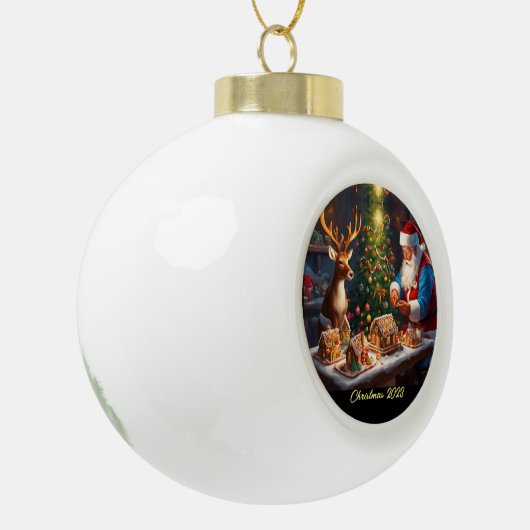 Santa en rendieren maken peperkoek huis keramische bal ornament (Links)
