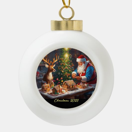 Santa en rendieren maken peperkoek huis keramische bal ornament (Voorkant)
