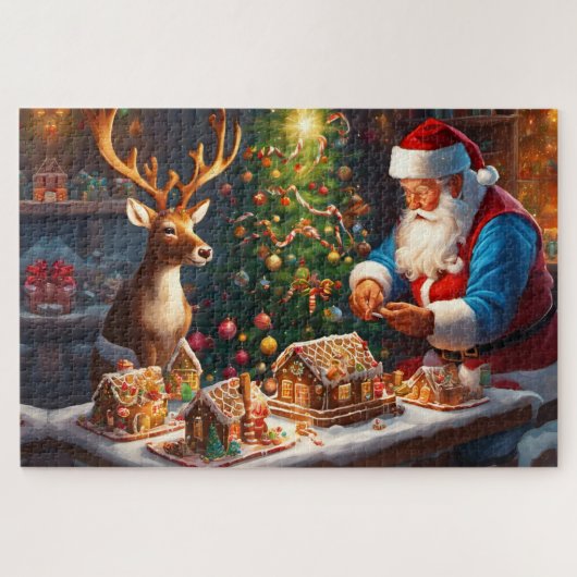 Santa en rendieren maken peperkoek huis legpuzzel (Horizontaal)