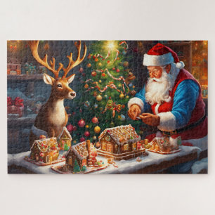 Santa en rendieren maken peperkoek huis legpuzzel