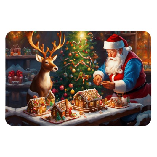 Santa en rendieren maken peperkoek huis magneet (Horizontaal)