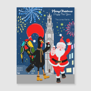 Santa en Rooster toast op de nieuwjaarskaart
