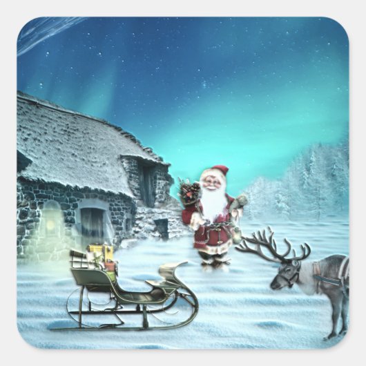 Santa en Rudolph met Sled Vierkante Sticker (Voorkant)