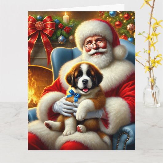 Santa en Saint Bernard Puppy met blauwe strik Kaart (Gele Bloem)