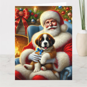 Santa en Saint Bernard Puppy met blauwe strik Kaart