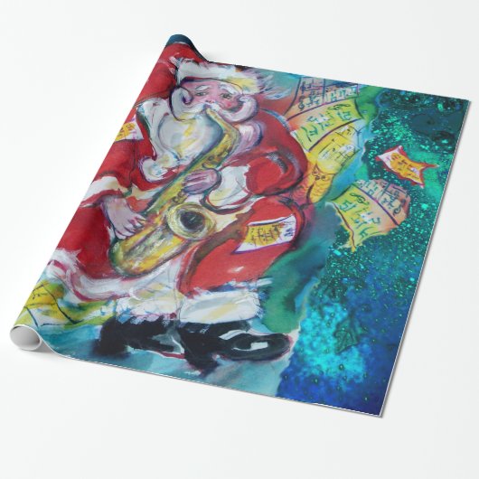 SANTA EN SAX, KERSTFEEST Night Blue Cadeaupapier (Uitgerold)