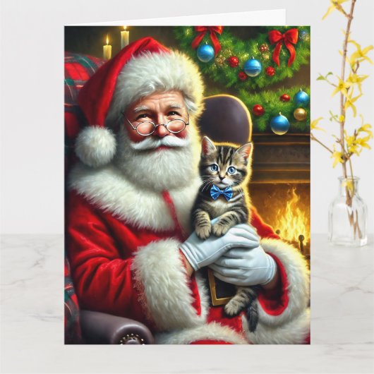 Santa en Schattige Tabby Kitten met Blue Bow Kaart (Gele Bloem)