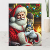 Santa en Schattige Tabby Kitten met Blue Bow Kaart (Voorkant)